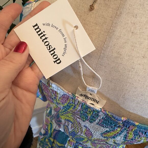 Mittoshop Dress Women Sz.Medium Silky Mini Floral Short Puff Sleeve Smocked - Picture 7 of 10